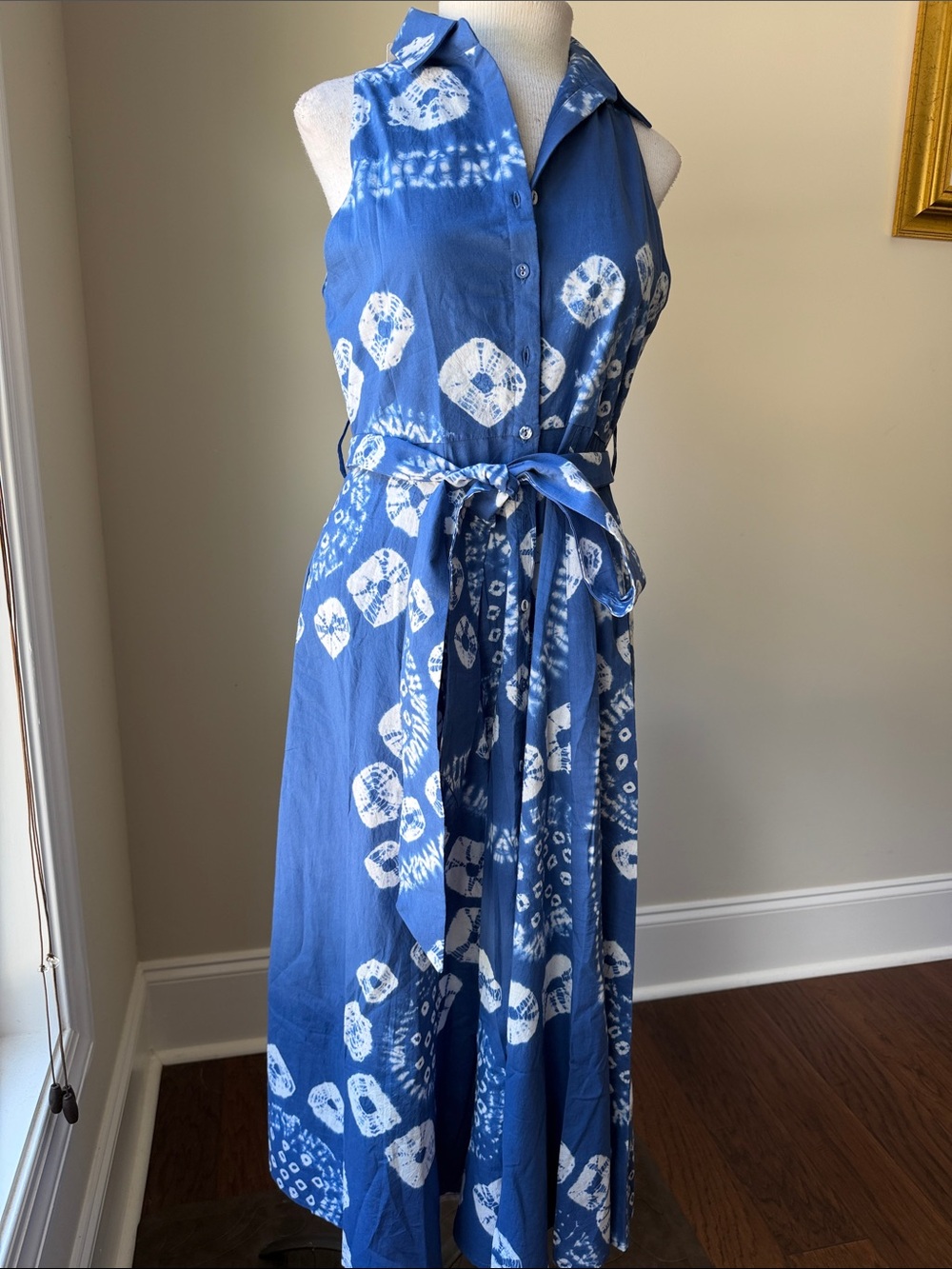 Garrie B Blue and White Collared Tie-Waist Maxi Dress